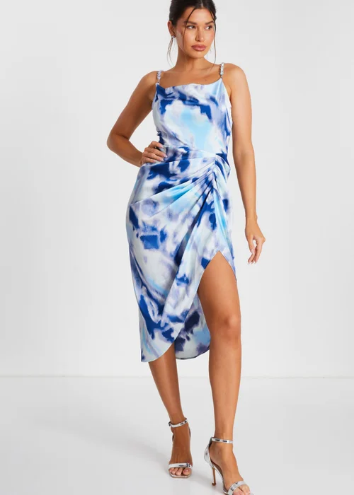 Quiz Blue Satin Marble Print Ruched Midi Dress - 4 Image 1