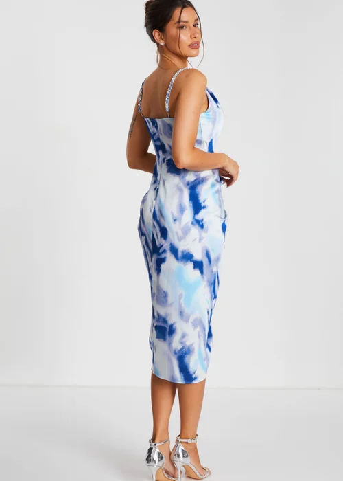 Quiz Blue Satin Marble Print Ruched Midi Dress - 4 Image 2