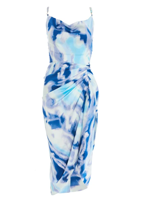 Quiz Blue Satin Marble Print Ruched Midi Dress - 4 Image 4