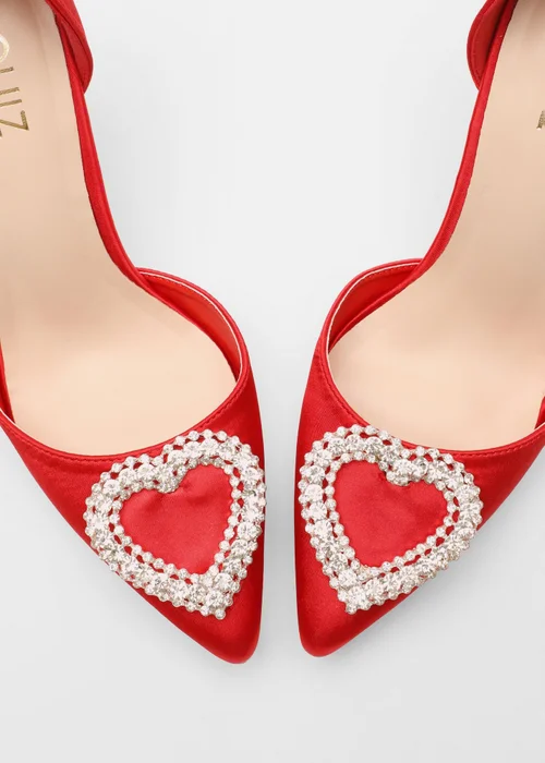 Quiz Red Satin Diamante Heart Brooch Court Heels - 3 Image 5