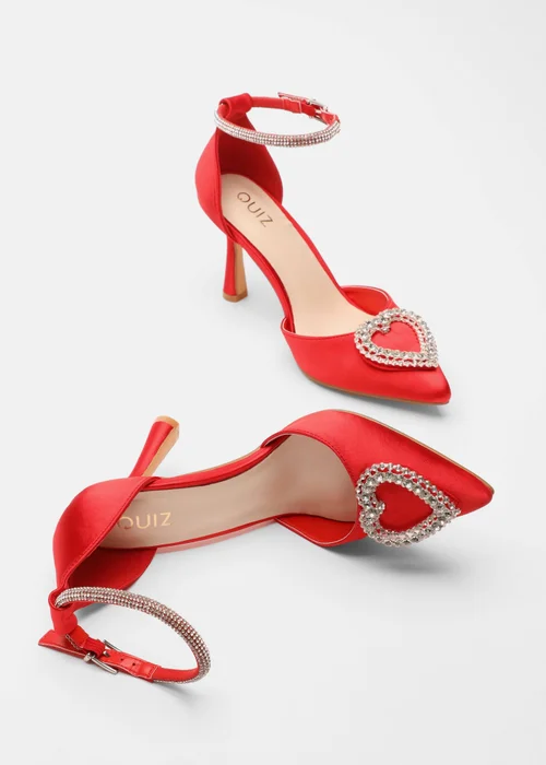 Quiz Red Satin Diamante Heart Brooch Court Heels - 3 Image 1
