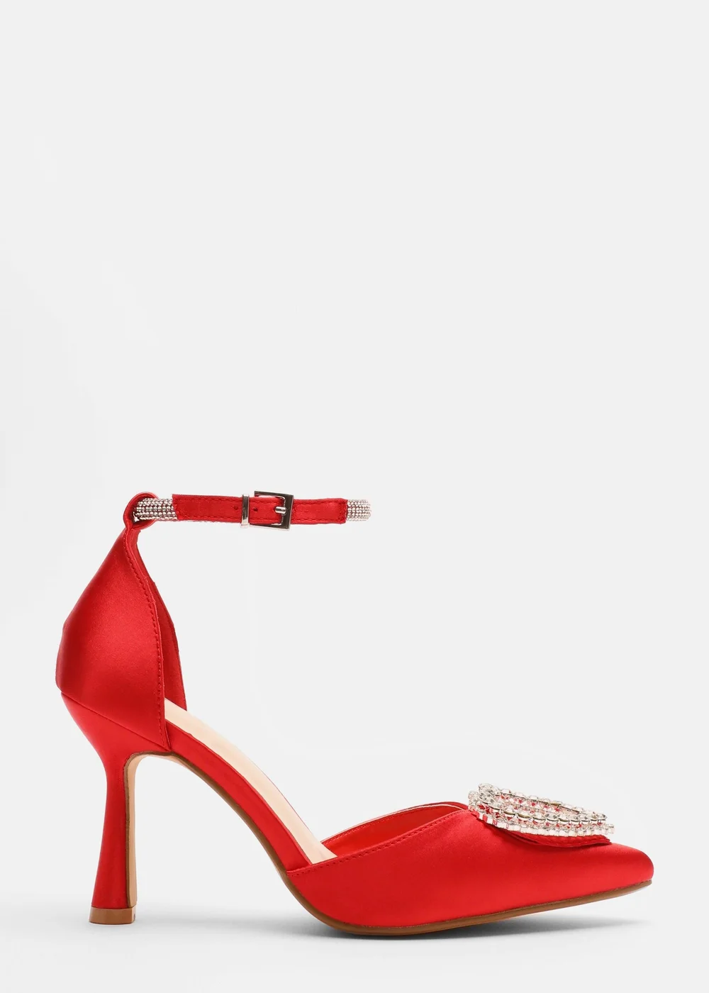 Quiz Red Satin Diamante Heart Brooch Court Heels - 3 Image 3