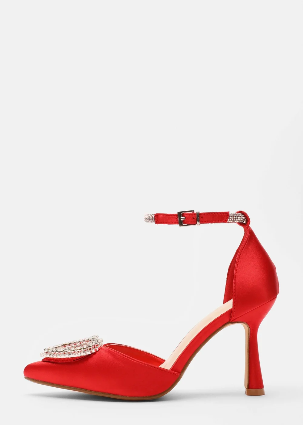 Quiz Red Satin Diamante Heart Brooch Court Heels - 3 Image 4
