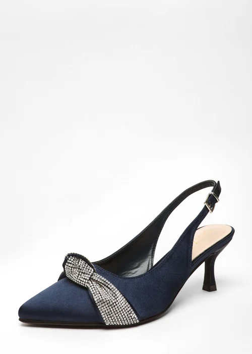 Quiz Navy Wide Fit Diamante Knot Sling Back Low Heels - 3 Image 1