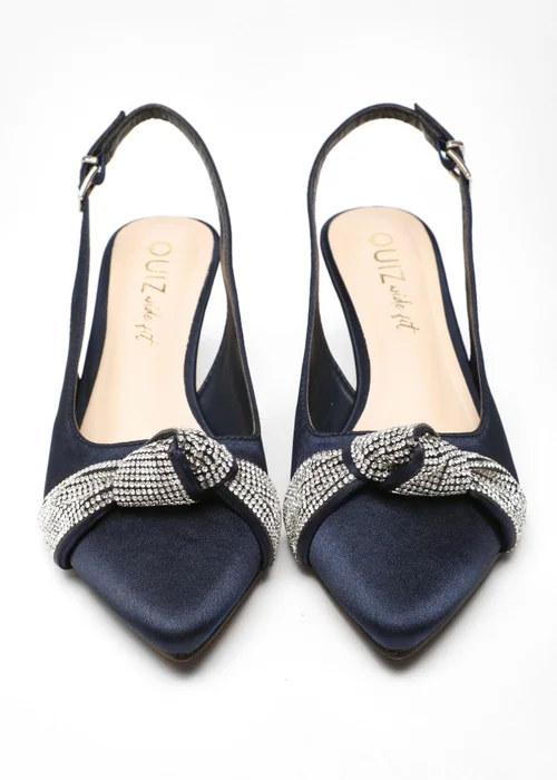 Quiz Navy Wide Fit Diamante Knot Sling Back Low Heels - 3 Image 4