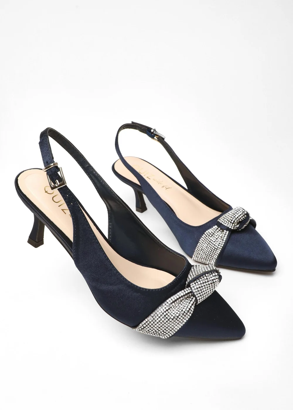 Quiz Navy Wide Fit Diamante Knot Sling Back Low Heels - 3 Image 2
