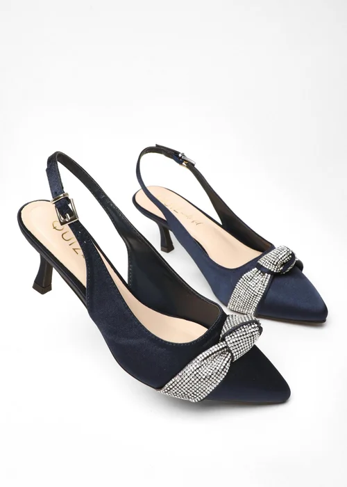 Quiz Navy Wide Fit Diamante Knot Sling Back Low Heels - 3 Image 2