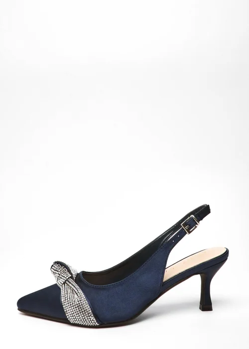 Quiz Navy Wide Fit Diamante Knot Sling Back Low Heels - 3 Image 3