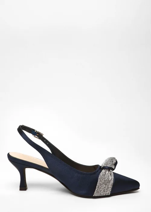 Quiz Navy Wide Fit Diamante Knot Sling Back Low Heels - 3 Image 5
