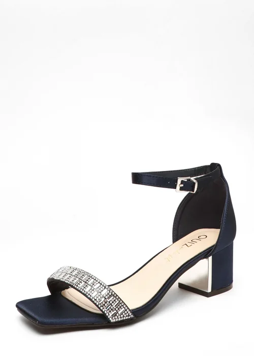 Quiz Navy Wide Fit Satin Diamante Low Block Heeled Sandals - 3 Image 1