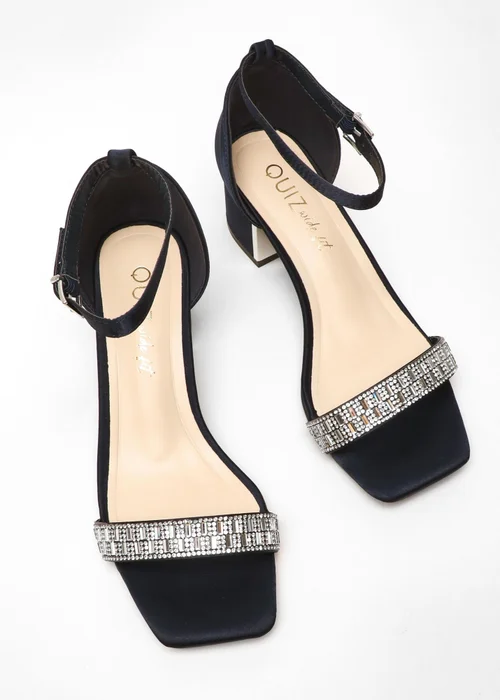Quiz Navy Wide Fit Satin Diamante Low Block Heeled Sandals - 3 Image 2