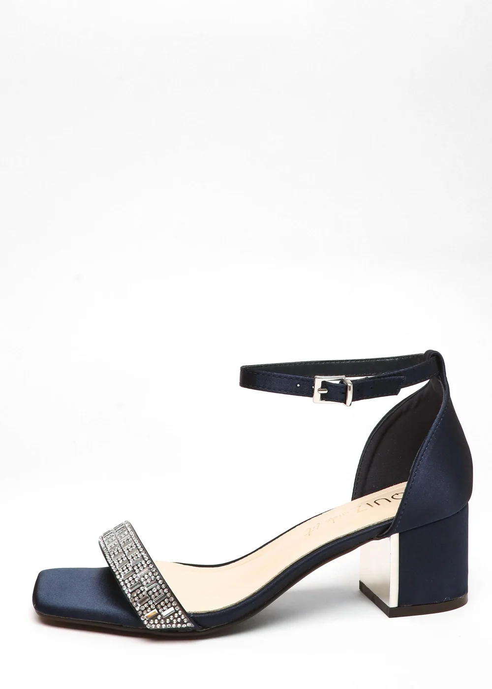 Quiz Navy Wide Fit Satin Diamante Low Block Heeled Sandals - 3 Image 3