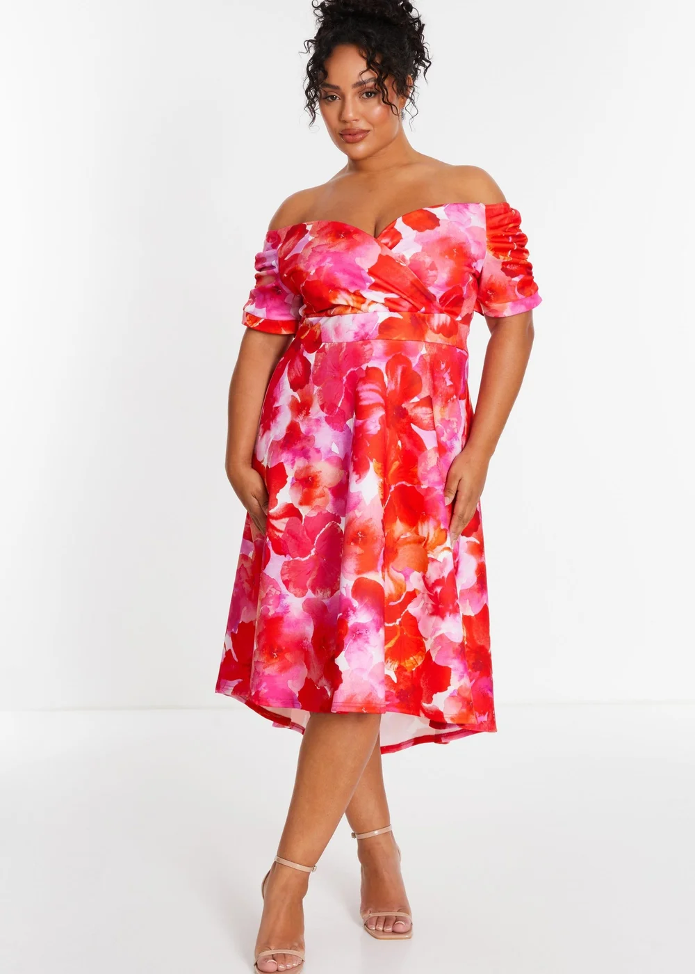 Quiz Pink Curve Floral Bardot Dip Hem Midi Dress - 16 Image 1
