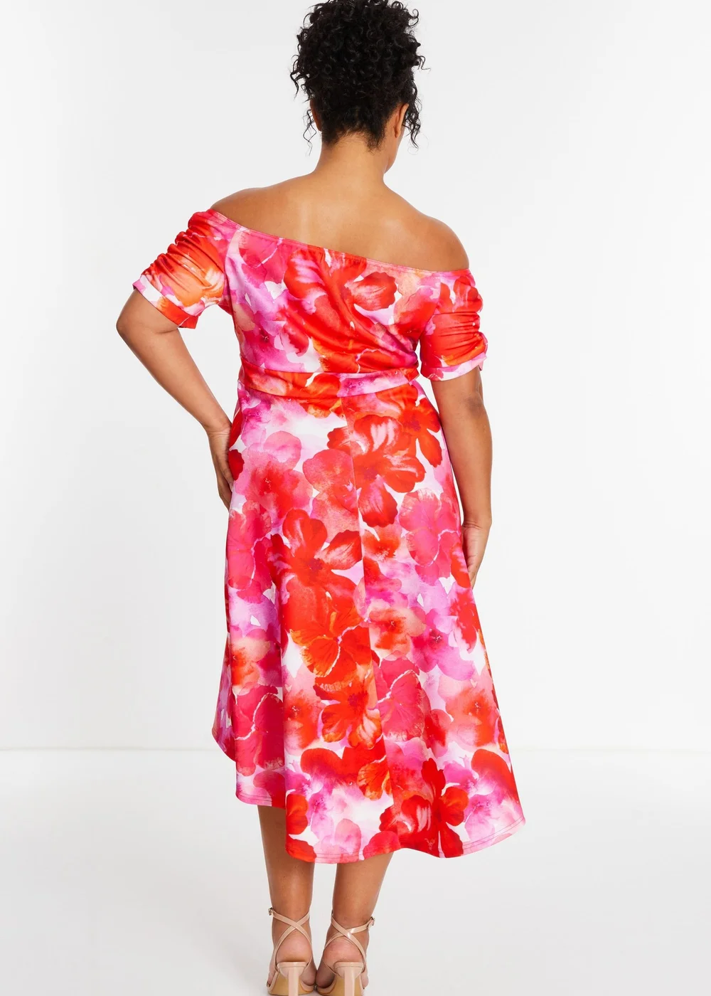 Quiz Pink Curve Floral Bardot Dip Hem Midi Dress - 16 Image 2