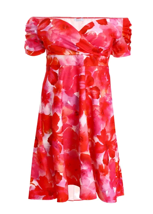Quiz Pink Curve Floral Bardot Dip Hem Midi Dress - 16 Image 4