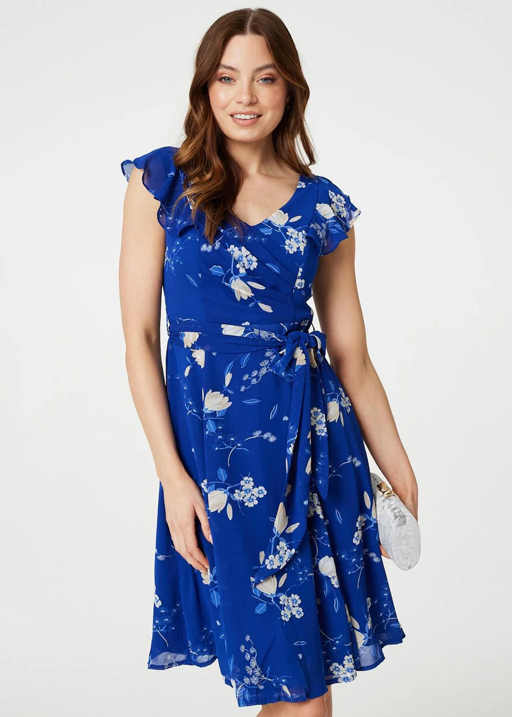 Izabel London Blue Floral Frilled Knee Length Wrap Dress - 16 | Matalan Izabel London Blue Floral Frilled Knee Length Wrap Dress - 16 | Matalan