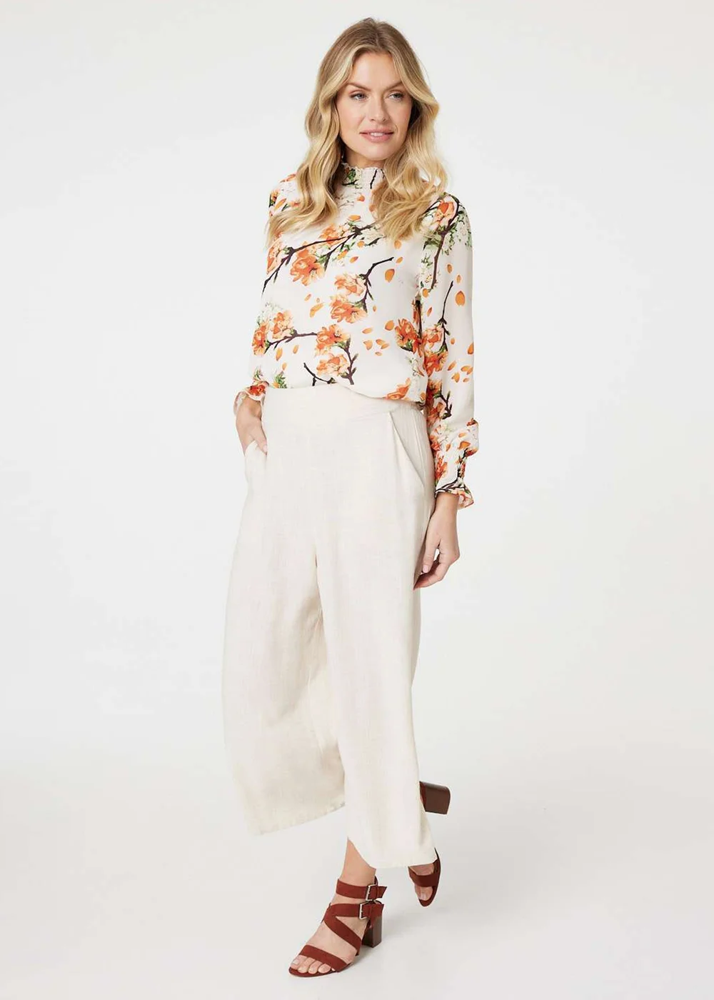 Izabel London Orange Floral Shirred High Neck Blouse - 8 Image 4