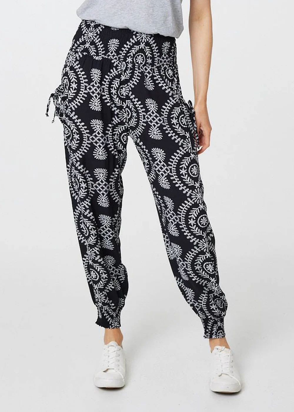 Izabel London Black Printed Smocked Waist Harem Pants - 8 Image 1