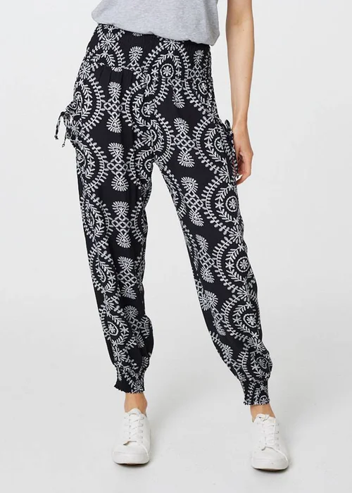 Izabel London Black Printed Smocked Waist Harem Pants - 8 Image 1