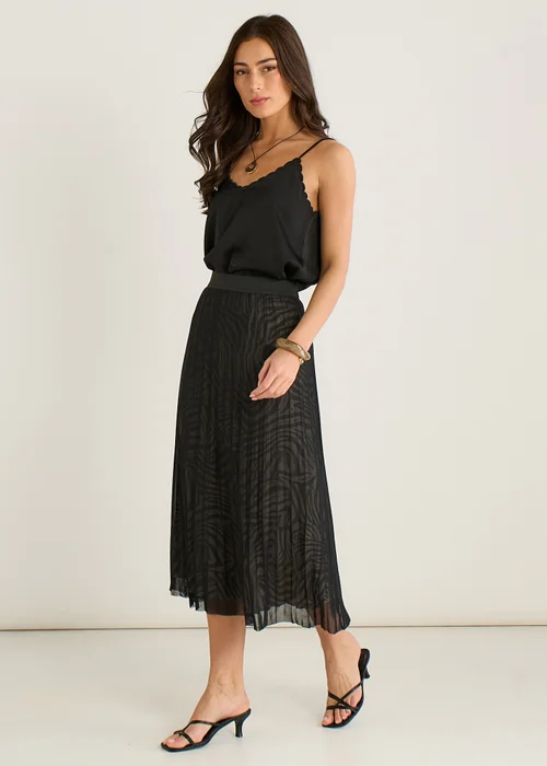 Gini London Black Animal Print Mesh Overlay Pleated Midi Skirt - 8 Image 4