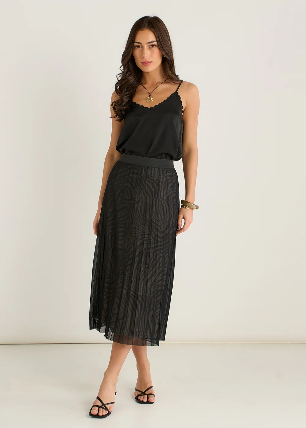 Gini London Black Animal Print Mesh Overlay Pleated Midi Skirt - 8 Image 1