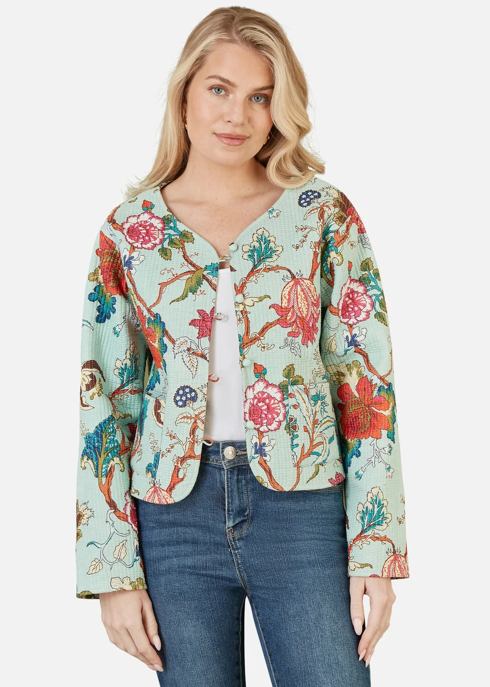 Yumi Stone Floral Print Reversible Cotton Cropped Quilted Jacket - 8 Image 3