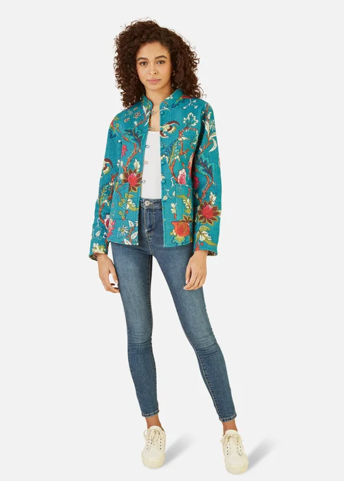 Yumi Teal Floral Print Reversible Cotton Quilted Jacket - 8 Image 1