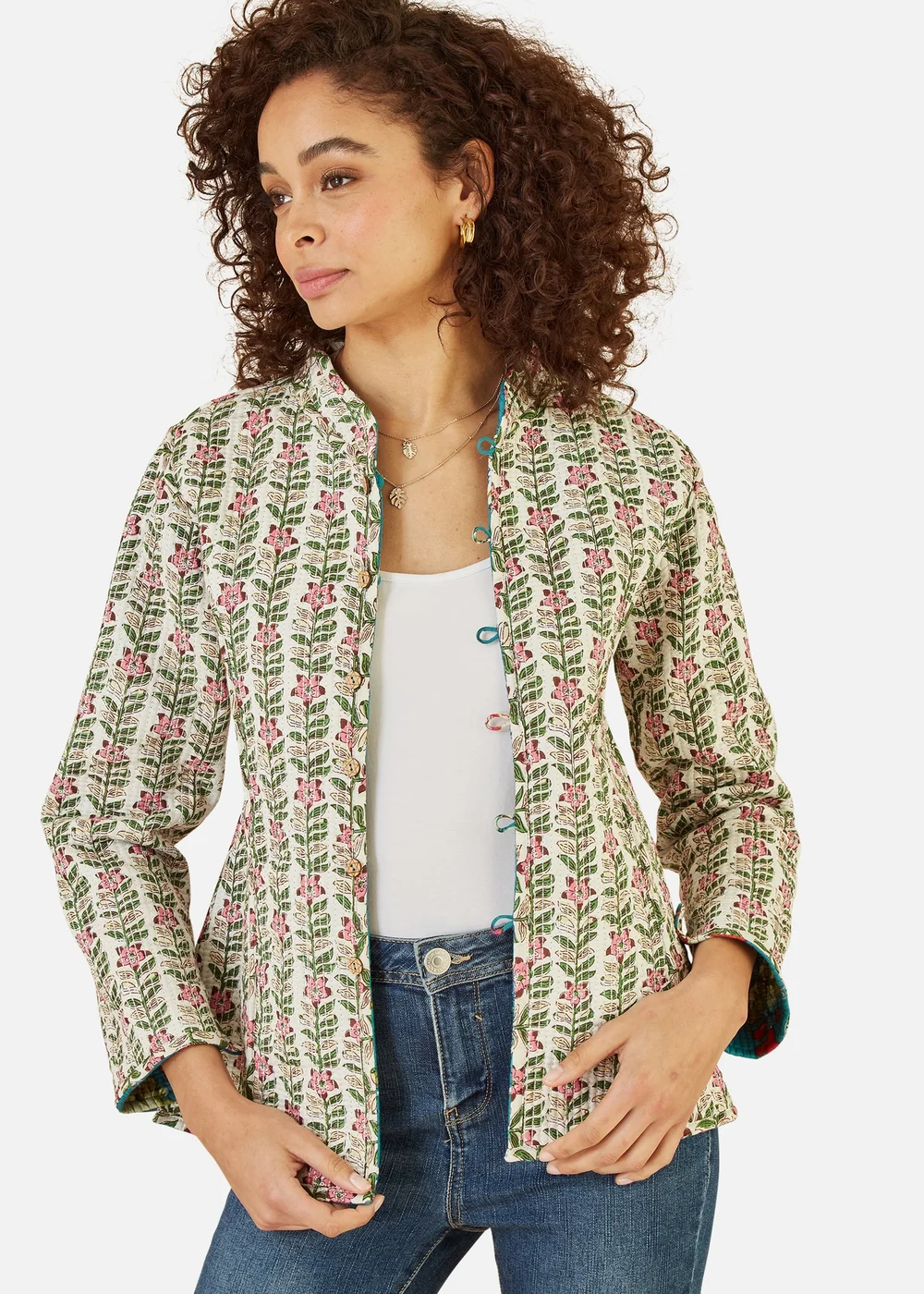 Yumi Teal Floral Print Reversible Cotton Quilted Jacket - 8 Image 3