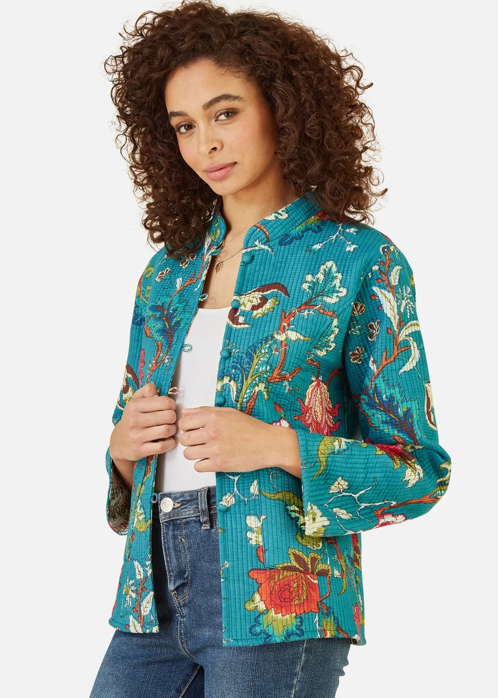 Yumi Teal Floral Print Reversible Cotton Quilted Jacket - 8 Image 2