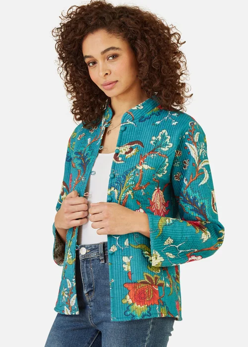 Yumi Teal Floral Print Reversible Cotton Quilted Jacket - 8 Image 2