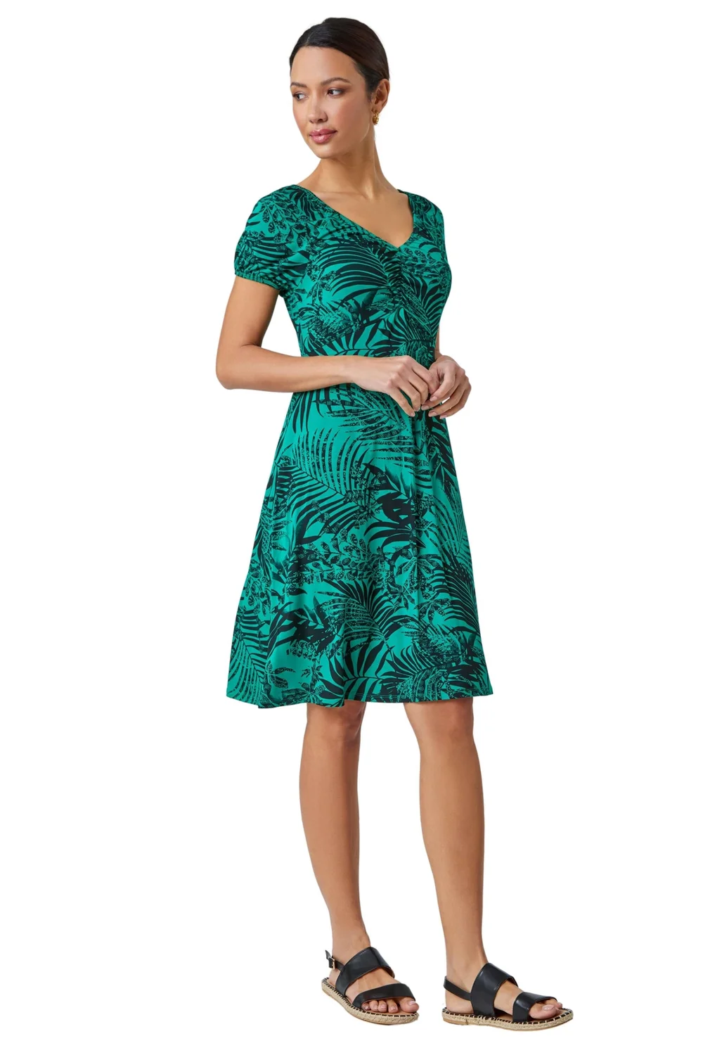 Roman Green Leaf Print Stretch Ruched Dress - 22 Image 2