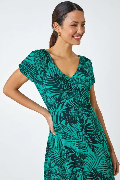 Roman Green Leaf Print Stretch Ruched Dress - 22 Image 4
