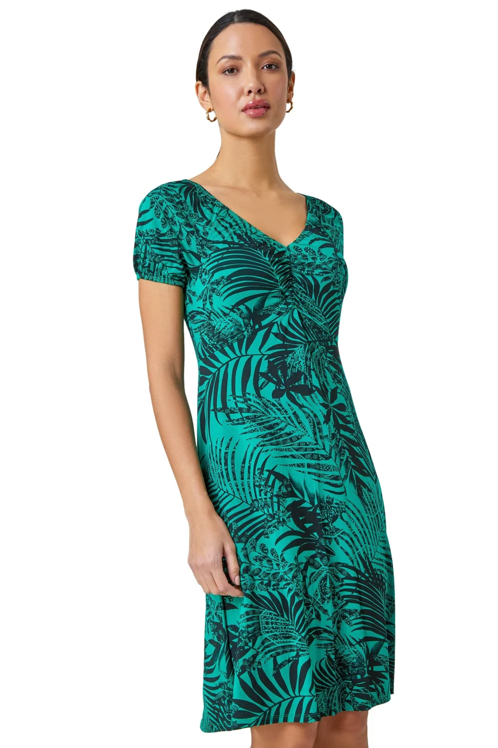 Roman Green Leaf Print Stretch Ruched Dress - 22 Image 1