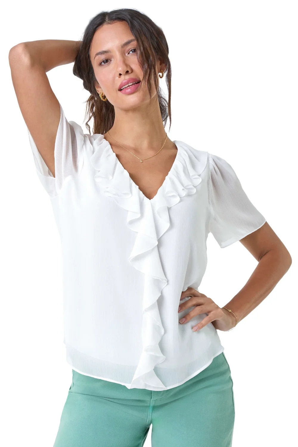 Roman Ivory Crinkle Textured V-Neck Frill Detail Top - 10 Image 2
