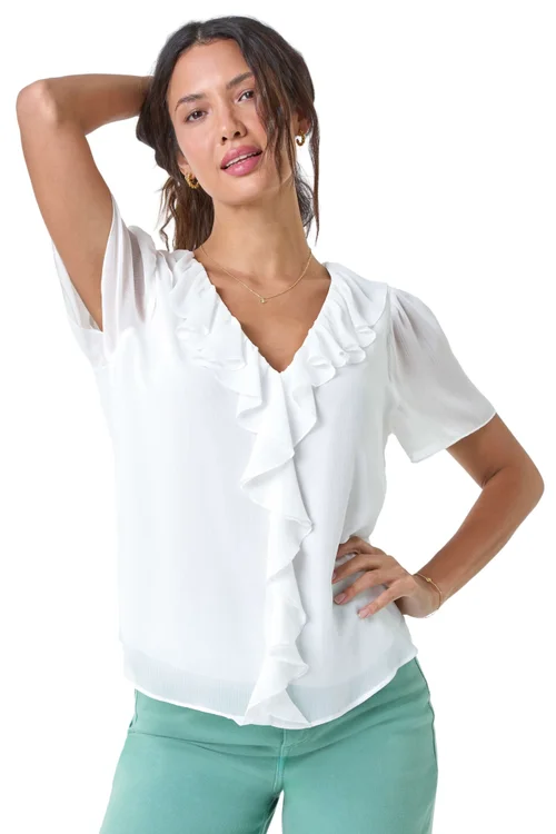 Roman Ivory Crinkle Textured V-Neck Frill Detail Top - 10 Image 2