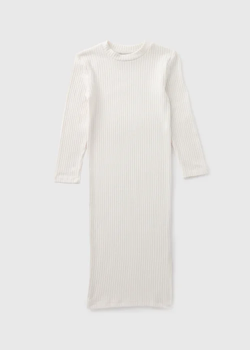 Girls Cream Ribbed Long Sleeve Dress (7-15yrs) - Age 7 Years Image 1