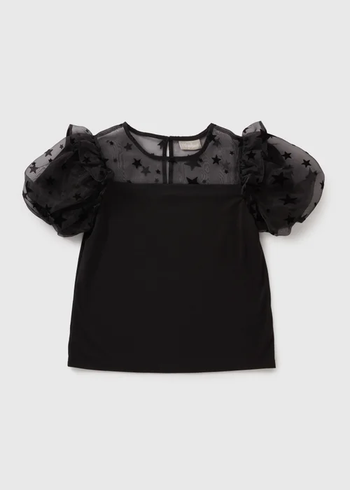 Girls Black Star Mesh Puff Sleeve Top (7-15yrs) - Age 10 Years Image 1