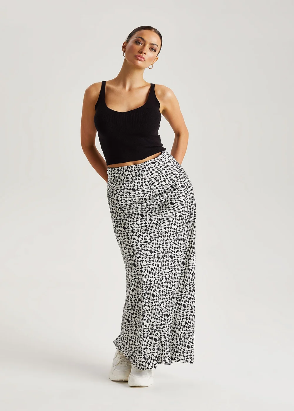 Urban Bliss Black Geometric Satin Bias Cut Maxi Skirt - Size 8 Image 1