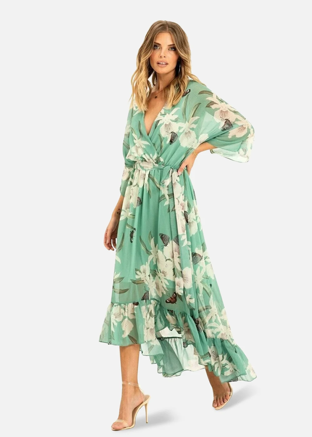 Yumi Mint Floral Print Kimono Midi Wrap Dress - 8 Image 1