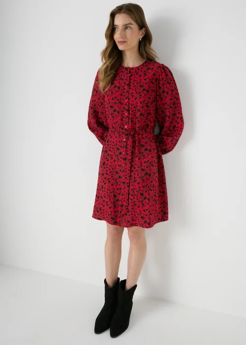 Red Floral Mini Shirt Dress - 8 Image 1
