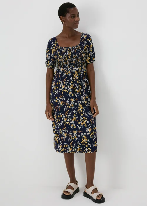 Navy Shirred Midi Dress - 8 Image 1