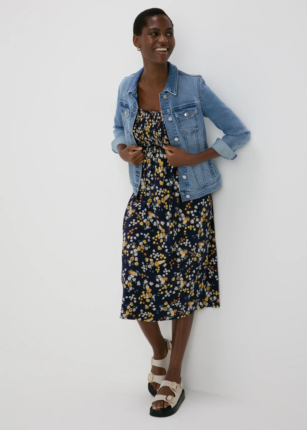 Navy Shirred Midi Dress - 8 Image 4
