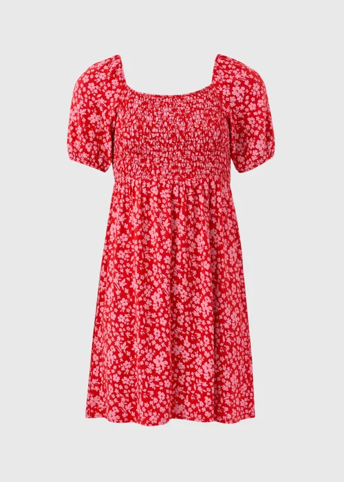 Red Floral Shirred Bodice Mini Dress - Size 8 Image 5