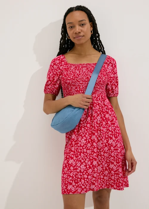 Red Floral Shirred Bodice Mini Dress - Size 8 Image 1