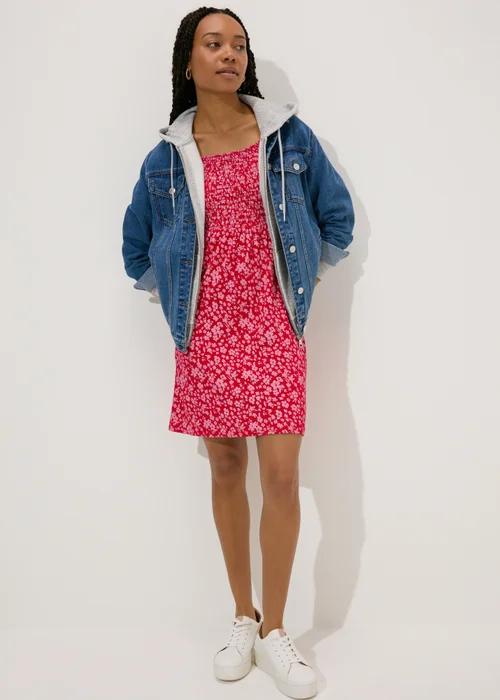 Red Floral Shirred Bodice Mini Dress - Size 8 Image 4