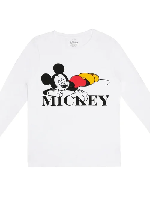Disney White/Black Snooze Mickey Mouse Long Pyjama Set - Small Image 3