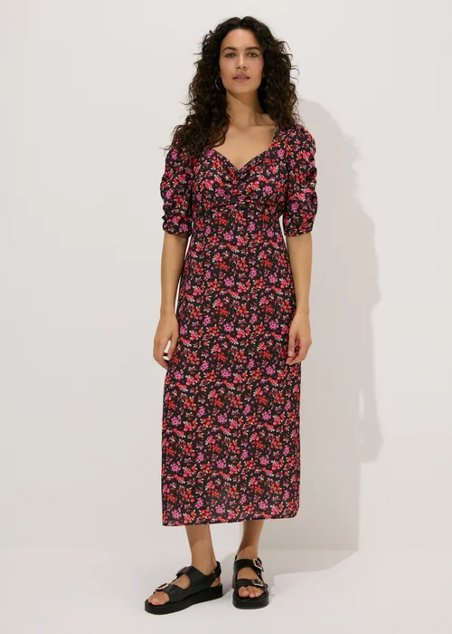 Black Floral Print Ruched Midi Dress - 8 Image 4