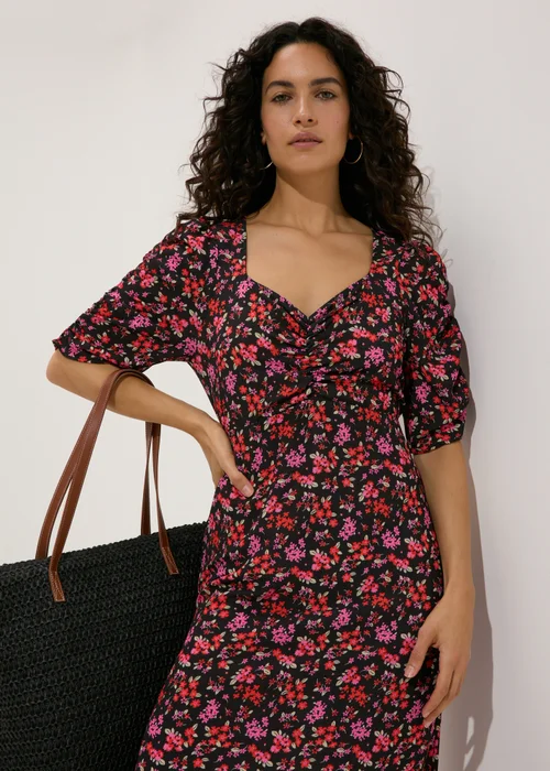 Black Floral Print Ruched Midi Dress - 8 Image 1
