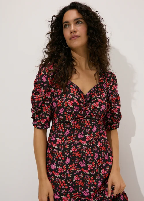 Black Floral Print Ruched Midi Dress - 8 Image 3