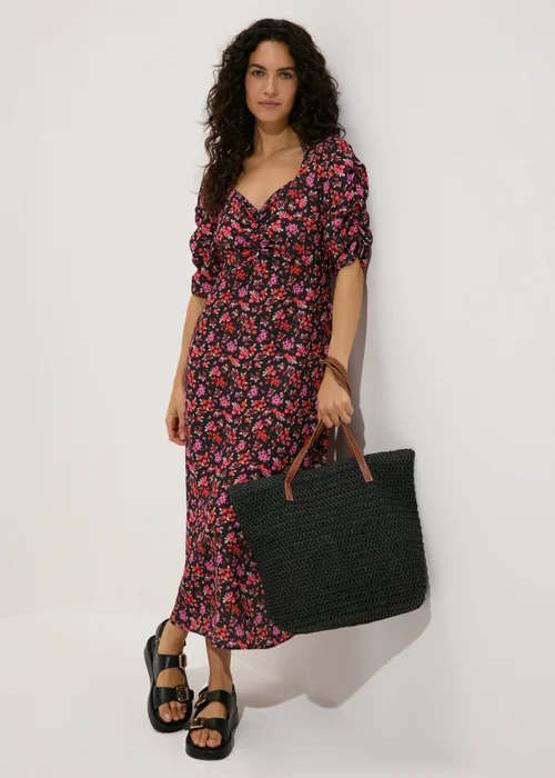 Black Floral Print Ruched Midi Dress - 8 Image 6